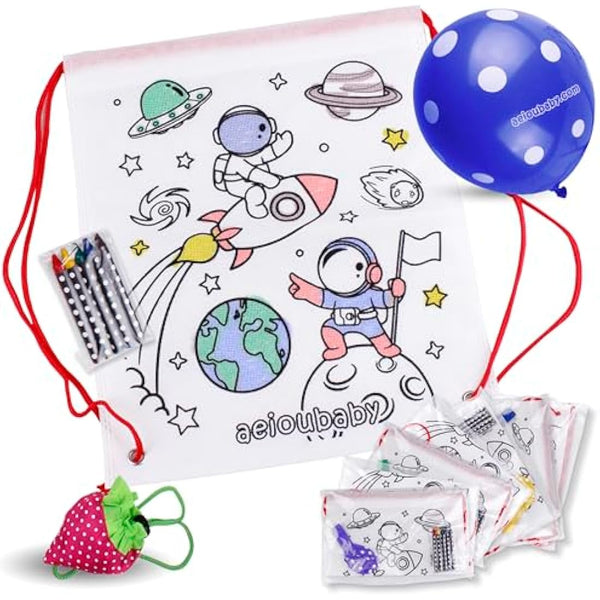 aeioubaby.com 25 Backpacks Color Your Own + Reusable Bag | 25 Individual Bags, 5 Coloured Crayons and Balloon | Children's Gift for Parties and Birthdays (Space)