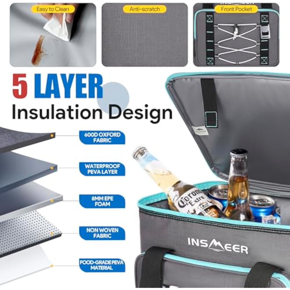 INSMEER Cool Bag 40L/60 Cans Large Cool Bags Insulated,Soft Cooler Leakproof/Portable/Collapsible/Foldable Cooler Bag, with Bottle Opener&Removable Shoulder Strap, for Beach Camping Picnic