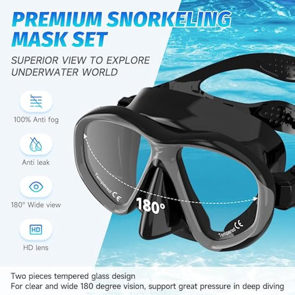 Findway Snorkel Mask, Dry Snorkel Set Adults, Tempered Glass Snorkeling Diving Masks for Women Men, Panoramic Wide View Scuba Swimming Mask Anti-leak Anti UV