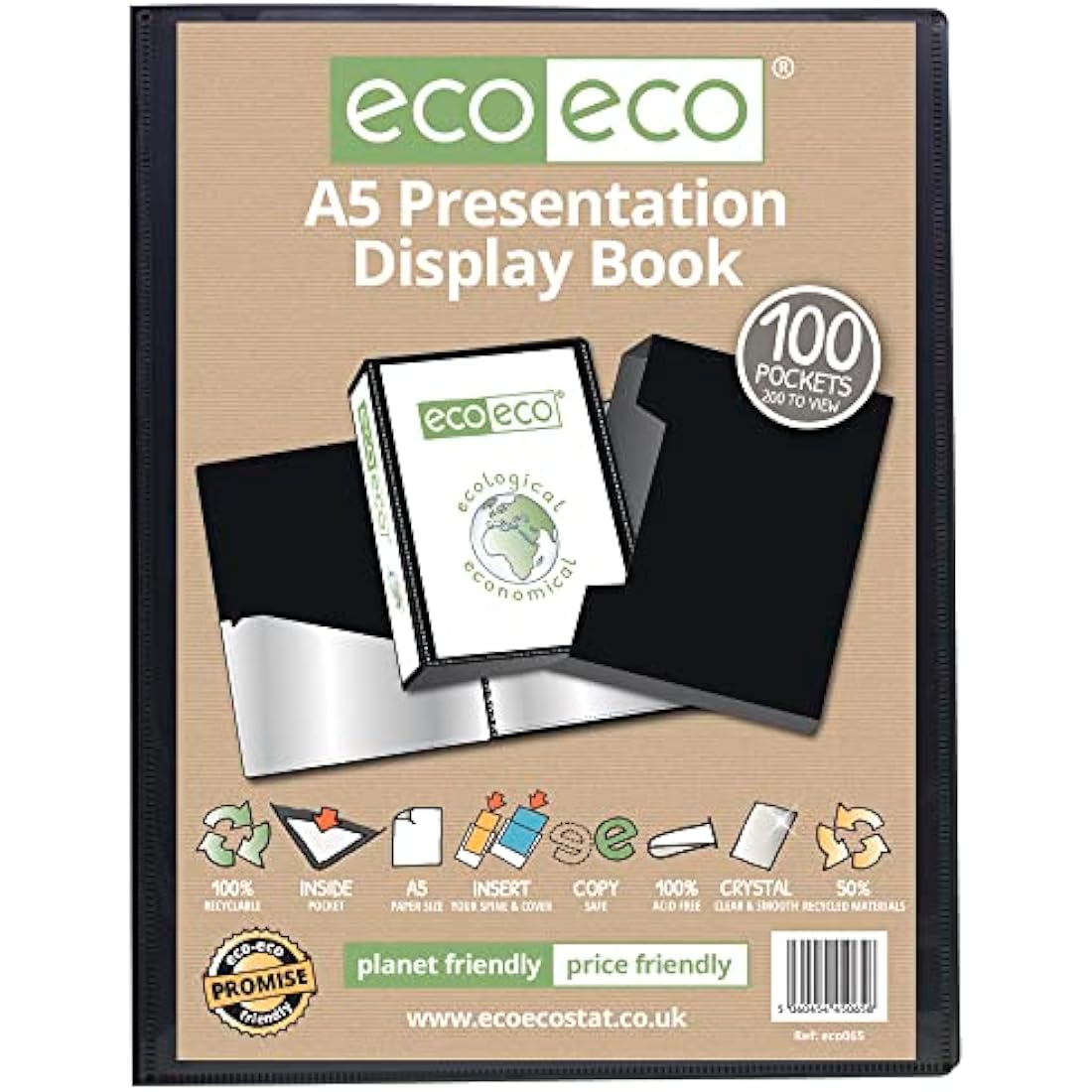 eco-eco A5 Size 50% Recycled 100 Pocket Black Presentation Display Book, Storage Case Portfolio Art Folder with Plastic Sleeves with Black Display Box