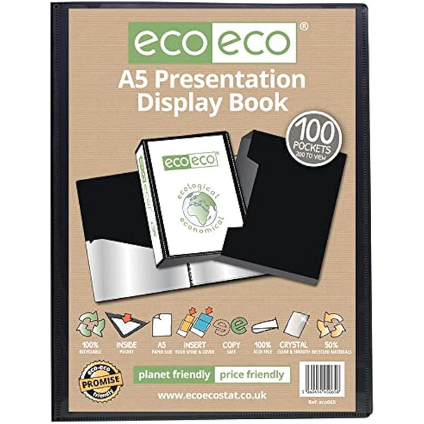 eco-eco A5 Size 50% Recycled 100 Pocket Black Presentation Display Book, Storage Case Portfolio Art Folder with Plastic Sleeves with Black Display Box