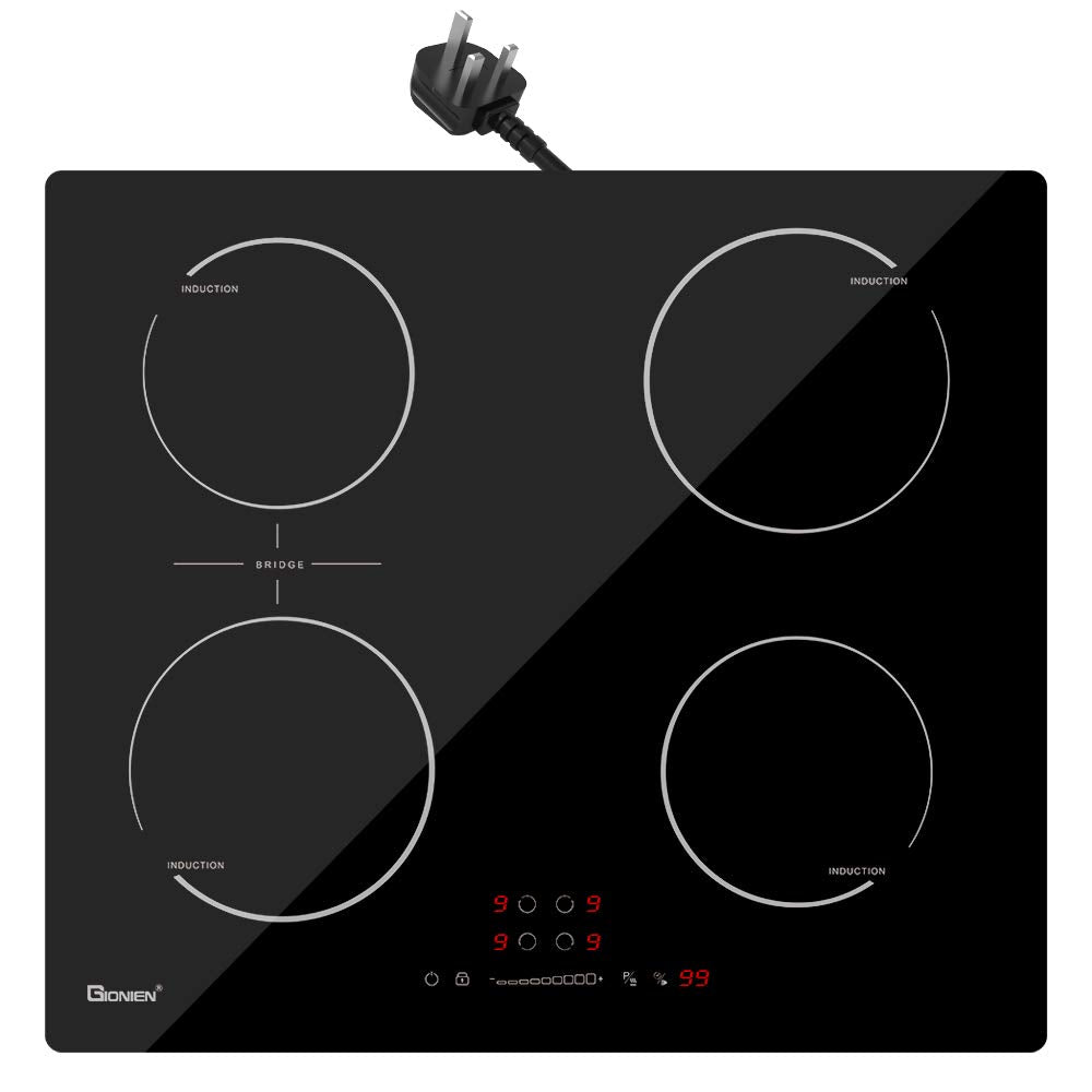 GlONlEN Plug-in Induction Hob White 13 Amp 2800W,59cm Integrated Electric Cooktop with Bridge Zone, 4 Cooking Rings,Built-in Cooker