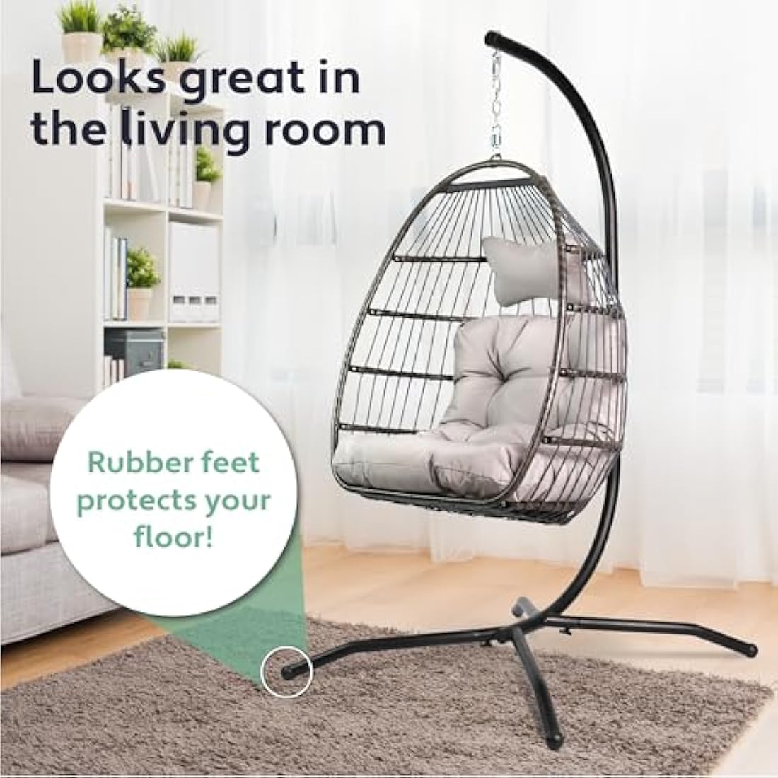 Vita5 Hanging Egg Chair Indoor&Outdoor - Swing Chair with Frame Polyrattan with Cushion - Hanging Chair Outdoor and Indoor - Foldable Hammock Chair - Maximum Load 150kg - Light grey