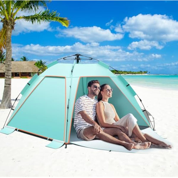 3-4 Person Instant Pop Up Automatic Beach Tent, Extra Large Portable Ventilated Sun Shelter with 3 expandable Door, Easy Setup Lightweight Sun Shade for Picnic,Beach,Garden