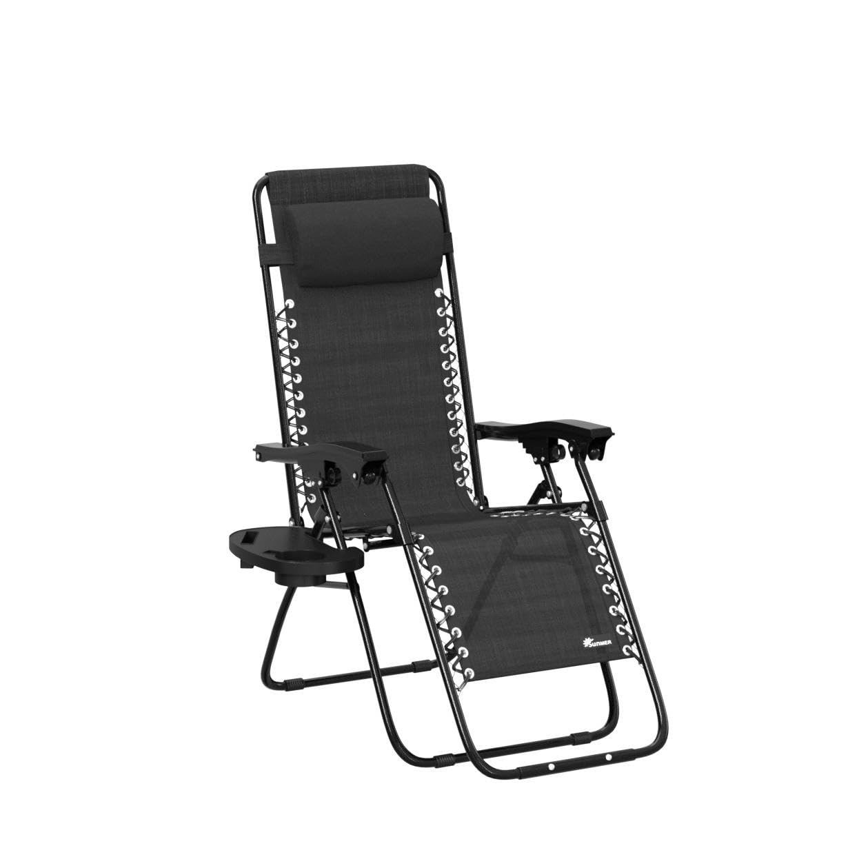 Set of 2 Sun Lounger Garden Chairs With Cup And Phone Holder | Adjustable Headrest Pillow | Deck Folding Recliner Zero Gravity Outdoor Chair - Black