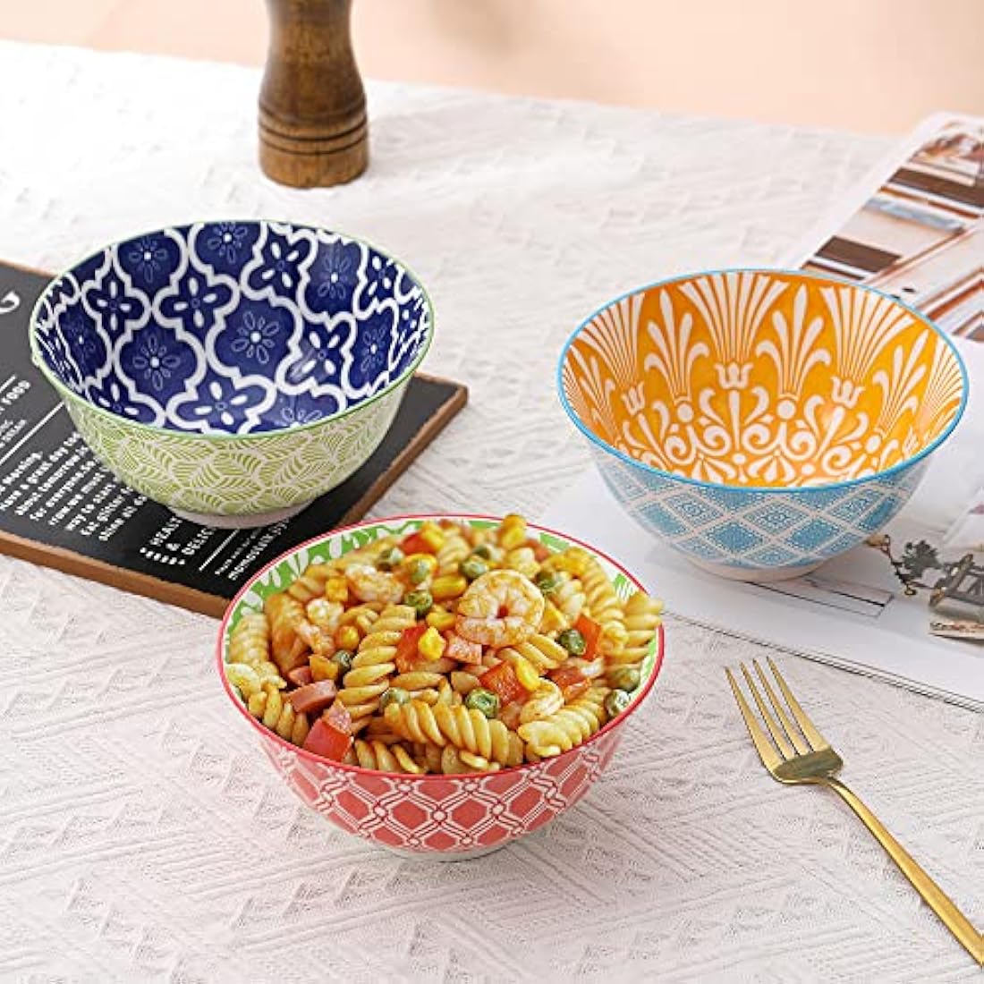 AHX Cereal Bowls Set of 6-700 ml Colorful Ceramic Deep Soup Bowls - Ideal for Serving Breakfast, Oatmeal, Ramen, Pho, Noodle - Microwave and Dishwasher Safe