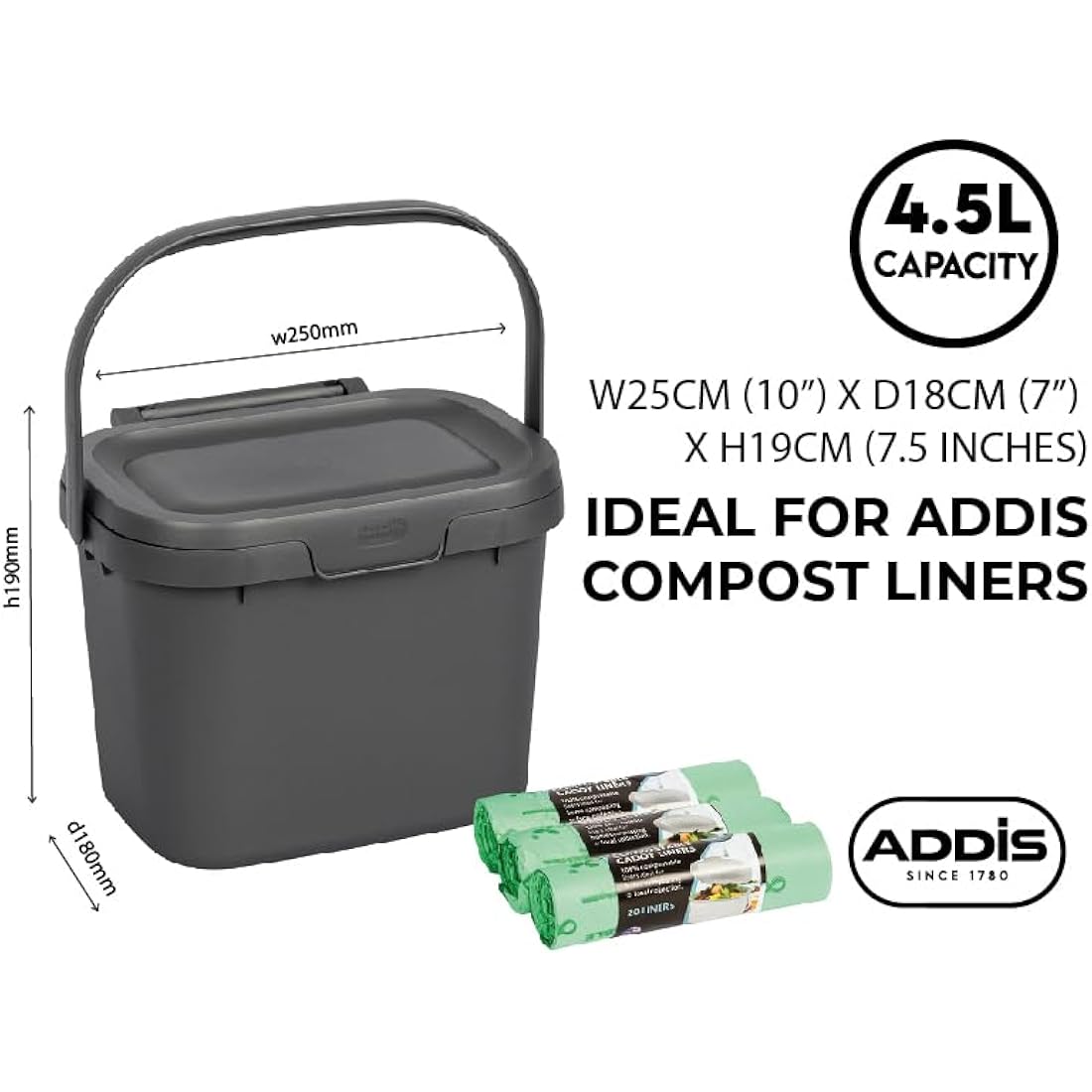 Addis Everyday Kitchen Food Waste Compost Caddy Bin, 4.5 Litre, Made from Recycled Plastic Eco Blue