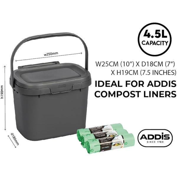 Addis Everyday Kitchen Food Waste Compost Caddy Bin, 4.5 Litre, Made from Recycled Plastic Eco Blue