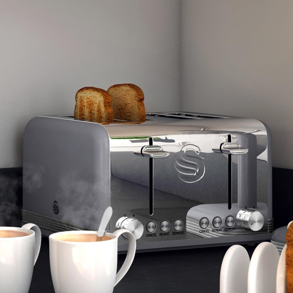 Swan ST19020GRN Retro 4-Slice Toaster with Defost/Reheat/Cancel Functions, Cord Storage, 1600W, Retro Grey