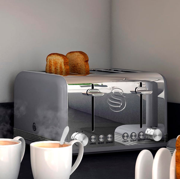 Swan ST19020GRN Retro 4-Slice Toaster with Defost/Reheat/Cancel Functions, Cord Storage, 1600W, Retro Grey