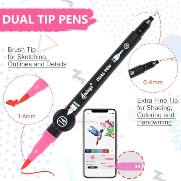 AEDAGA 100 Numbered Dual Tip Colouring Pens with Free App,Felt Tip Pens for Adult Colouring Books, Brush Pen Art Supplies for Calligraphy Drawing Sketching Journaling Painting
