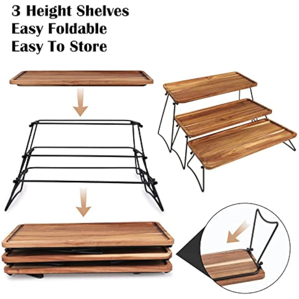 3 Tier Dessert Display Stand, Cupcake Stand & Towers Serving Tray Set, Portable Foldable Food Display Stand, Tiered Chees Charcuterie Boards, Acacia Wood Trays, for Outdoor, Party, Picnic, Dinner
