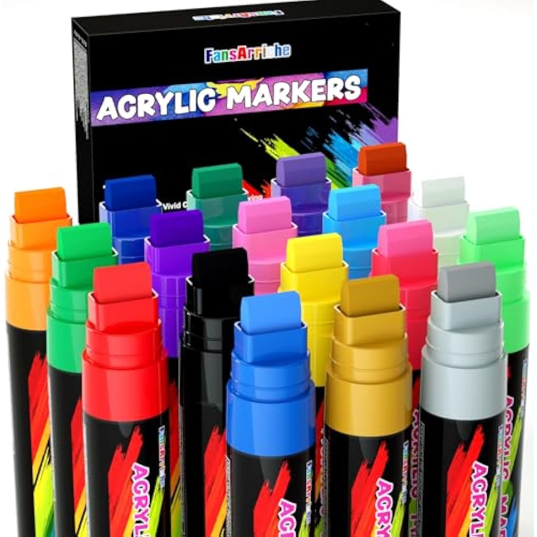 FansArriche Acrylic Marker Graffiti Pens, 15 mm Jumbo Felt Tip, 18 Colours Waterproof Paint Pens for Marking, Acrylic Marker for Stones, Waterproof, Signs, Calligraphy and Paintings