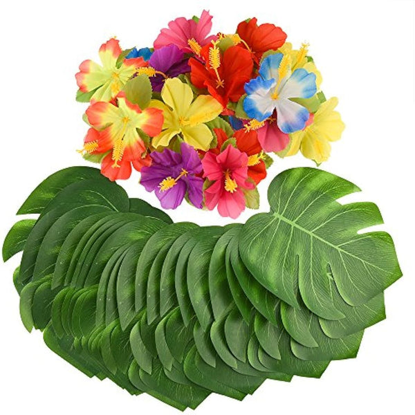 KUUQA 60 Pcs Tropical Party Decoration Supplies 8" Tropical Palmtera Leaves and Hibiscus Flowers, Simulation Leaf for Hawaiian Luau Party Jungle Beach Theme Table Decorations