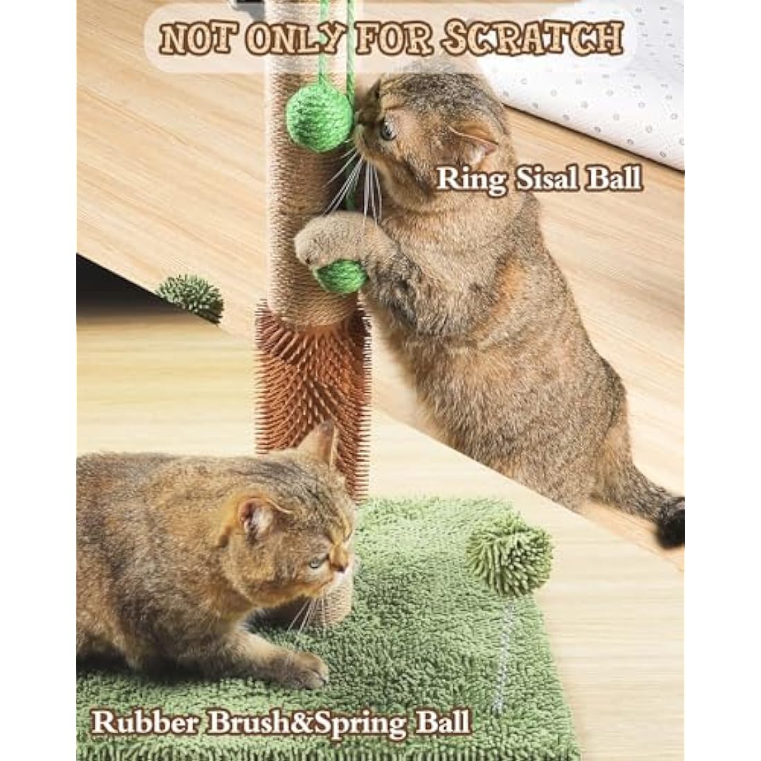 ANWA 35" Tall Cat Scratching Post for Kitten and Large Cats, Scratching Post for Indoor Cats with Self-Grooming Rubber Brush, Cat Sisal Post with Simulated Leaves, Green