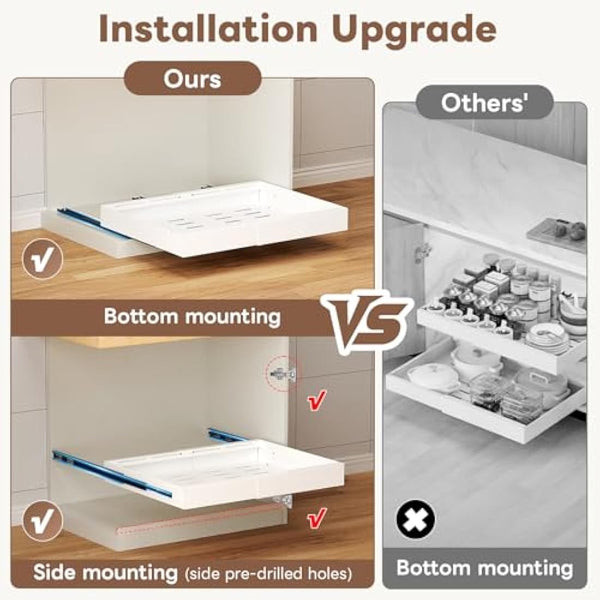 Ihomife 2 Pack Extendable Pull Out Kitchen Drawer - Upgraded Dual Mounting (Screws for Shelfless Cabinets/Nano Tape for Shelved) | Upgraded Heavy-Duty Rails, Space Saving Cabinet Organiser (white)