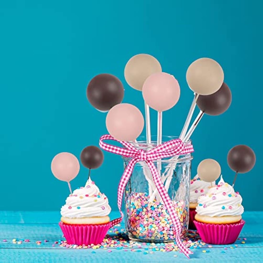 Gyufise 30Pcs Mini Balloon Cake Topper Brown Foam Ball Cake Topper Decorations Faux Pearl Balls DIY Cake Insert Topper Baking Decoration for Wedding Baby Shower Girls Boys Birthday Party Supplies