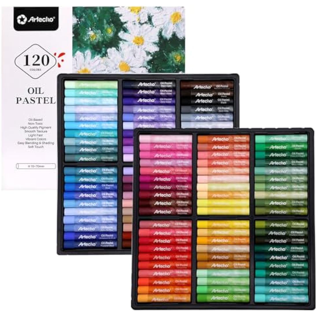 Artecho Oil Pastels Set of 120 Colors, Including 6 Neon Pastels, Soft Oil Pastels for Art Painting, Drawing, Blending, Art Supplies for Artists, Beginners, Students, Teachers (10 x 70 mm)