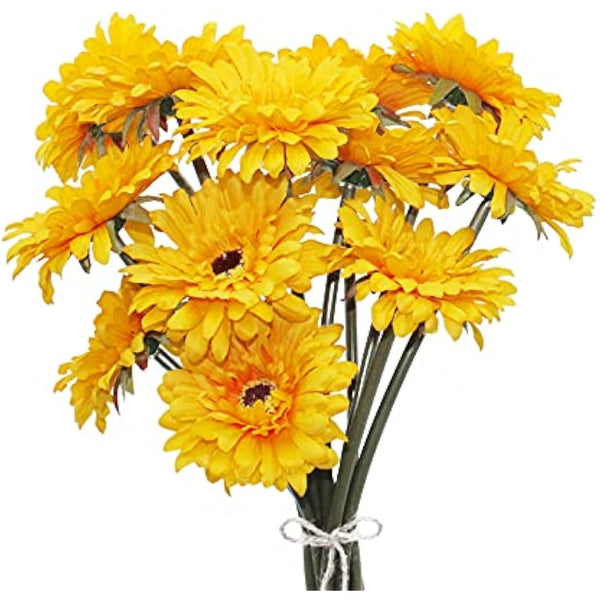 HASWITDA 12PCS Artificial Gerbera Flower Single Stem Bloom Bouquet Plastic Silk Fake Decorative Flora Outdoor Indoor Home Garden Office Hotel Wedding Party Yellow