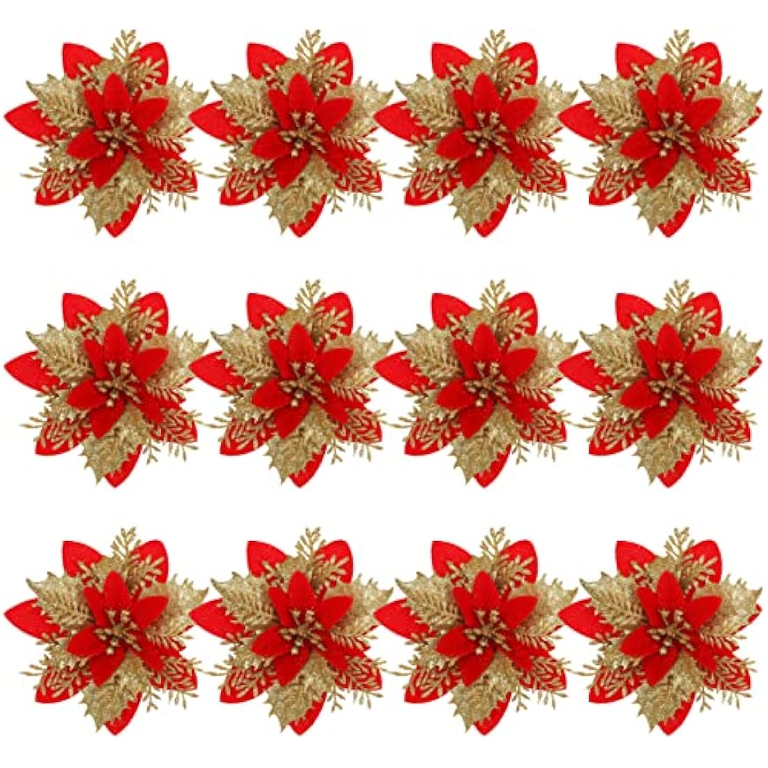 12pcs Glitter Poinsettia Christmas Tree Decorations Artificial Flowers Ornaments Stems Clips Xmas Tree Party Wreath Holiday Decor