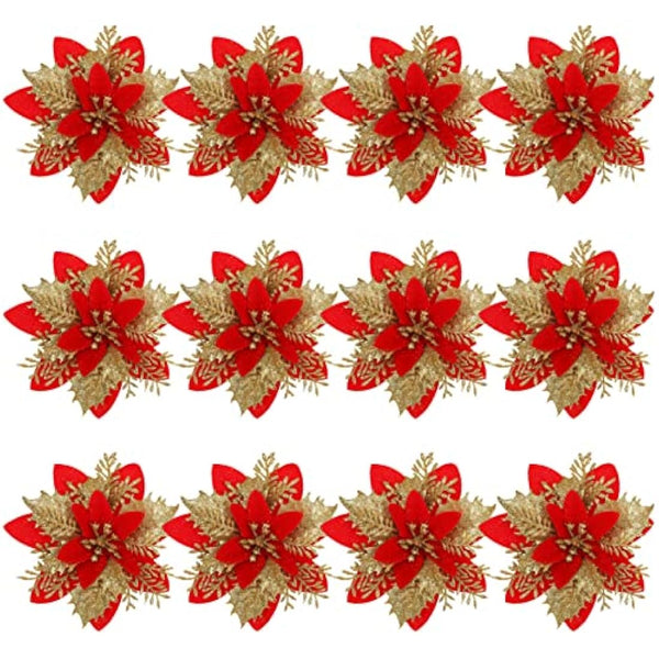 12pcs Glitter Poinsettia Christmas Tree Decorations Artificial Flowers Ornaments Stems Clips Xmas Tree Party Wreath Holiday Decor