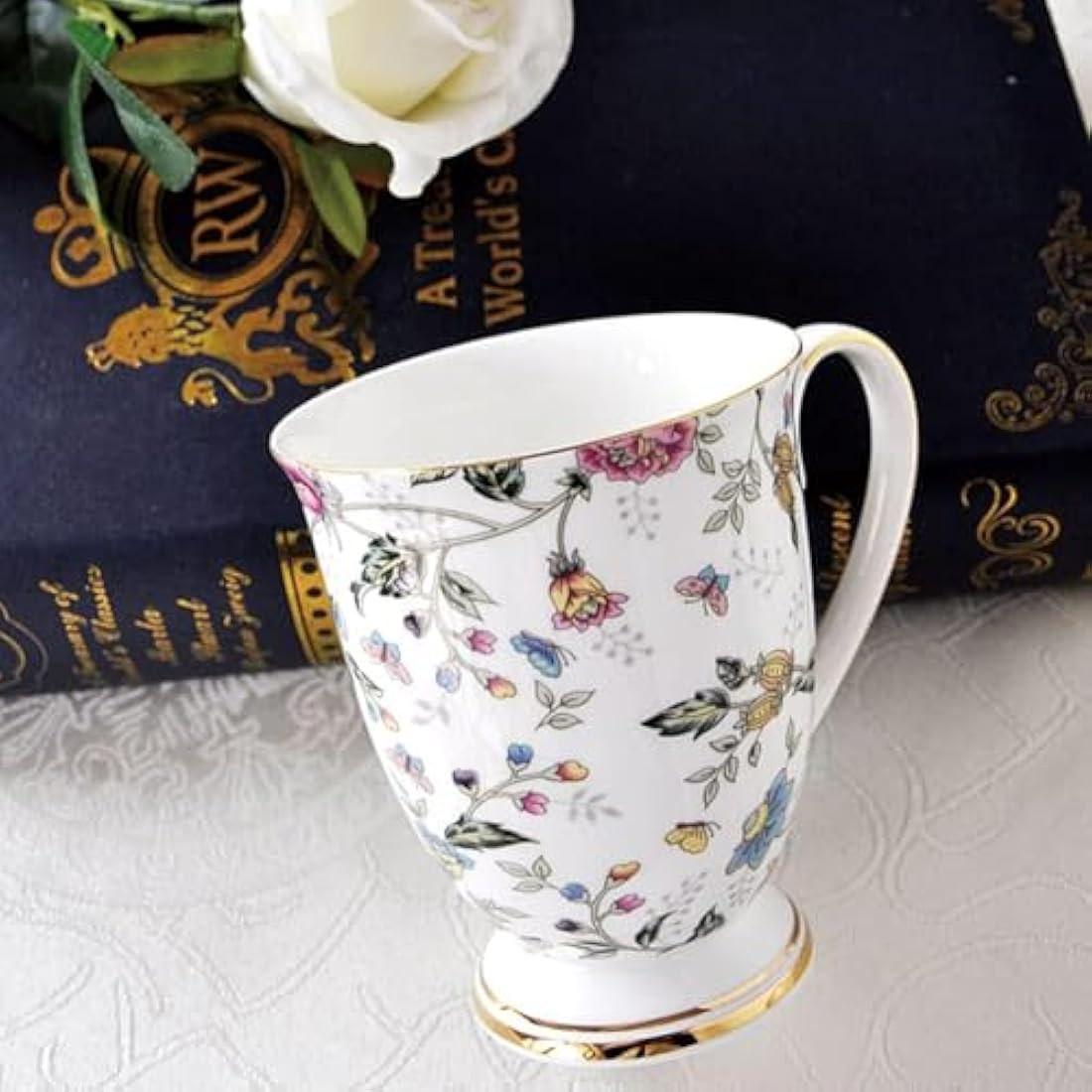 4 Piece Porcelain Mug Set - Bone China Floral Coffee Tea Water Cup - Tea Coffee Cappuccino Home Kitchen Office Gift Mug Set - 11 oz/312 ml