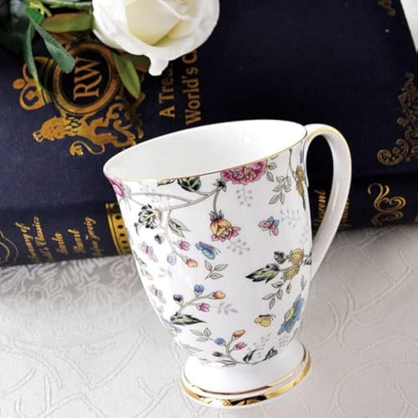 4 Piece Porcelain Mug Set - Bone China Floral Coffee Tea Water Cup - Tea Coffee Cappuccino Home Kitchen Office Gift Mug Set - 11 oz/312 ml