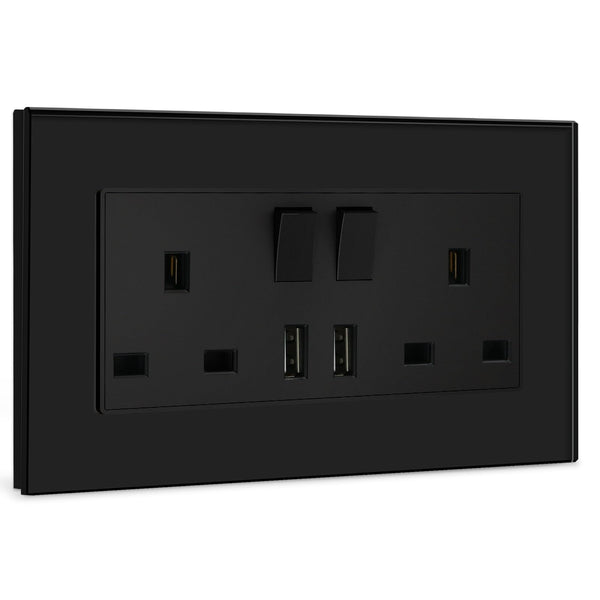 BSEED Double Socket 13A with LED Indicator, Double Switched Wall Socket 2 Gang UK Standard, Electric Switched Plug Power Wall Outlet with Glass Panel, Grey