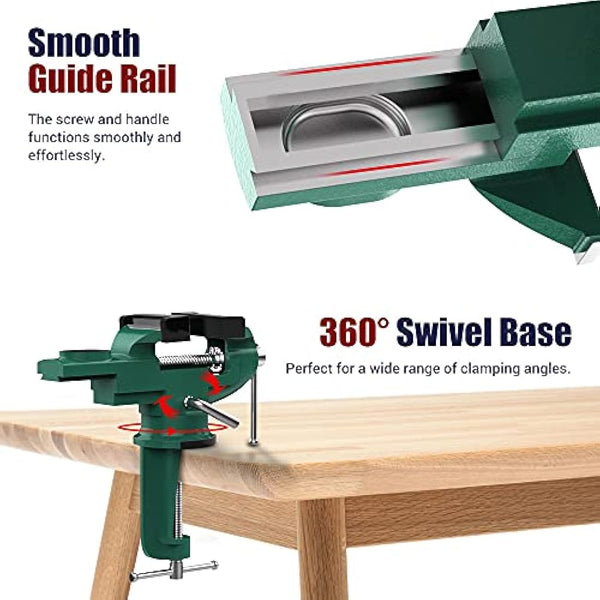 Nuovoware Table Vise 70mm, 360° Swivel Base Universal Home Vise Portable Bench Clamp, Clamp-on Vises Bench Clamps Fixed Tool for Woodworking,Metalworking,Cutting Conduit,Drilling,Sawing, Army Green