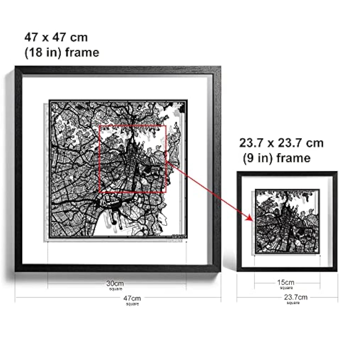 O3 DESIGN STUDIO Sydney Paper Cut Map framed, Black map, Black frame, 9x9 inches, Gift Boxed, 2 background color, self-changing, Paper Art