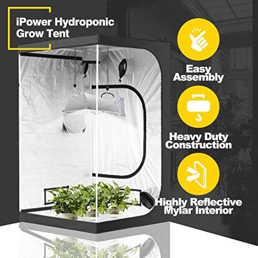 iPower GLTENTM1 Mylar Hydroponic Grow Tent for Indoor Seedling Plant Growing w/Metal Push-Lock Corners, 48 by 48 by 80-Inch, Water-Resistant. Removable Mylar Floor Tray Included