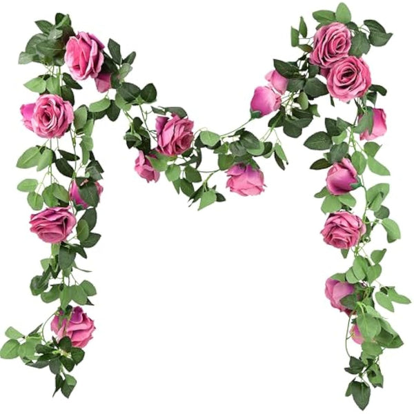FiveSeasonStuff 2 Fuchsia Artificial Flower Garlands, Silk Rose Vine Leaves Hanging Plant Foliage for Home Wedding Garden Trellis Gazebo Party Wall Decoration 4.4 metres (14.4 feet)