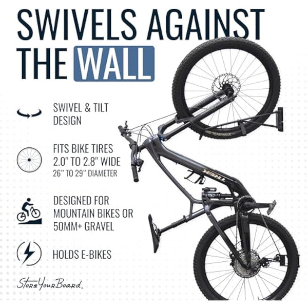 StoreYourBoard SwivelStow Mountain Bike Storage Rack 2 Pack – Heavy Duty Bike Hanger, No-Lift Bike Wall Mount for Garage Bike Storage, MTB and E-Bike, Holds 70 lbs, Patent-Pending