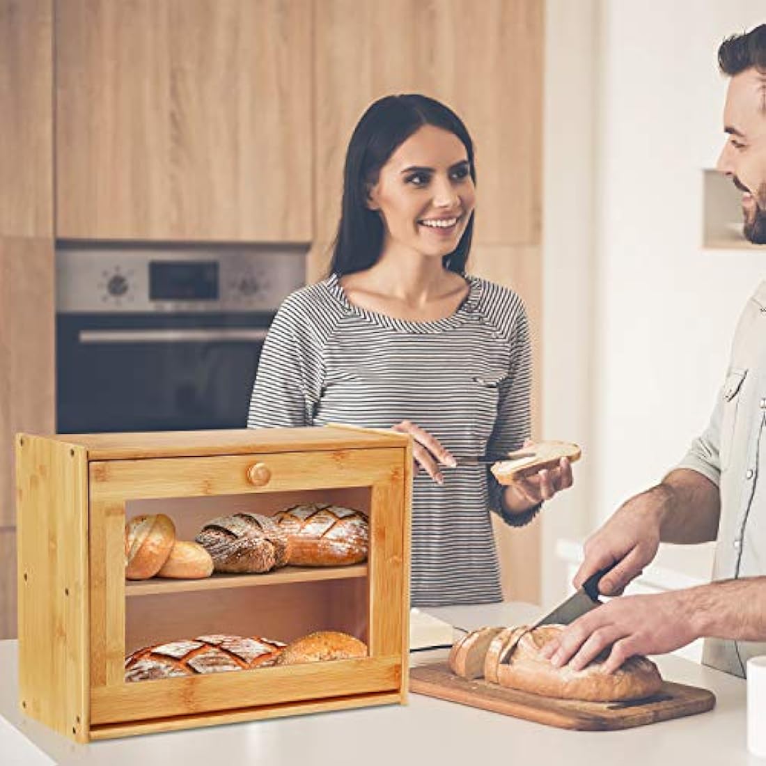 Double Layer Bamboo Bread Box with Clear Window, Large Capacity Bread Storage Bin- Kitchen Countertop Storage Box for Bread, Pastries & Baked Goods - Easy Self-Assembly Organizer