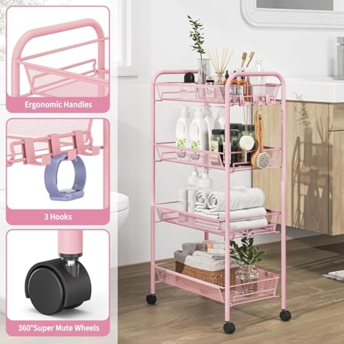 APEXCHASER 4-Tier Rolling Cart,Easy Assemble Mobile Storage Trolley On Wheels,Slide Out Utility Cart Shelving Units Kitchen Bathroom Laundry Room,Pink