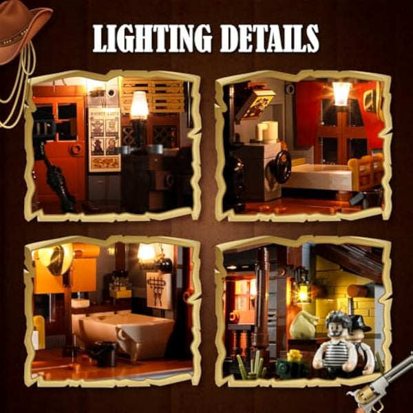 FUNWHOLE Old West Sheriff’s Office Lighting Building Bricks Set - Western Construction Modular Building Blocks Cowboy Wild West Collectible Toy Building Sets 1240 Pcs for Adults and Teen
