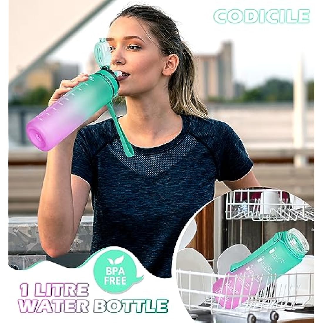 CodiCile 1L Water Bottle with Straw,Water Bottle Dishwasher Safe,Leak-proof Sports Drinks Bottle with Time Maker & Bottle Brush,Non-Toxic for Running,cycling, Gym, School & Office,Green Purple