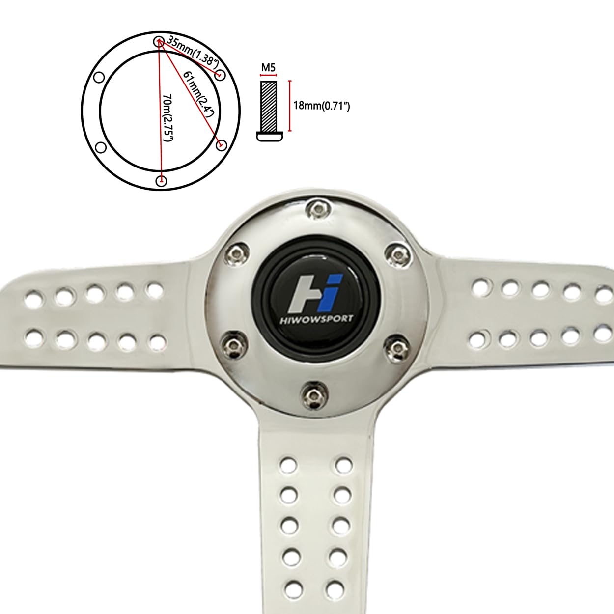 Hiracing 14" Universal Classic Wood Grain Steering Wheel Brushed 3 Spoke 1.5 Depth Steering Wheel with Horn Button 6 bolts (010)