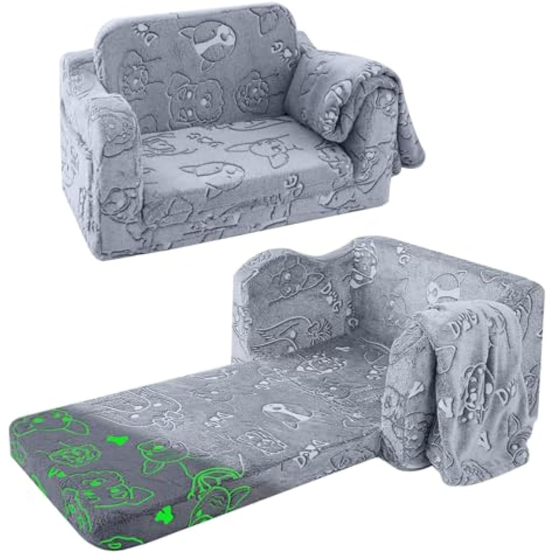 MeMoreCool Kids Sofa, Toddler Fold Out Chair for Girls Boys, Glow in The Dark Comfy Folding Baby Couch Convertible to Lounge, Kids Soft Plush Recliner for Childrens Playroom, Glowing Dogs