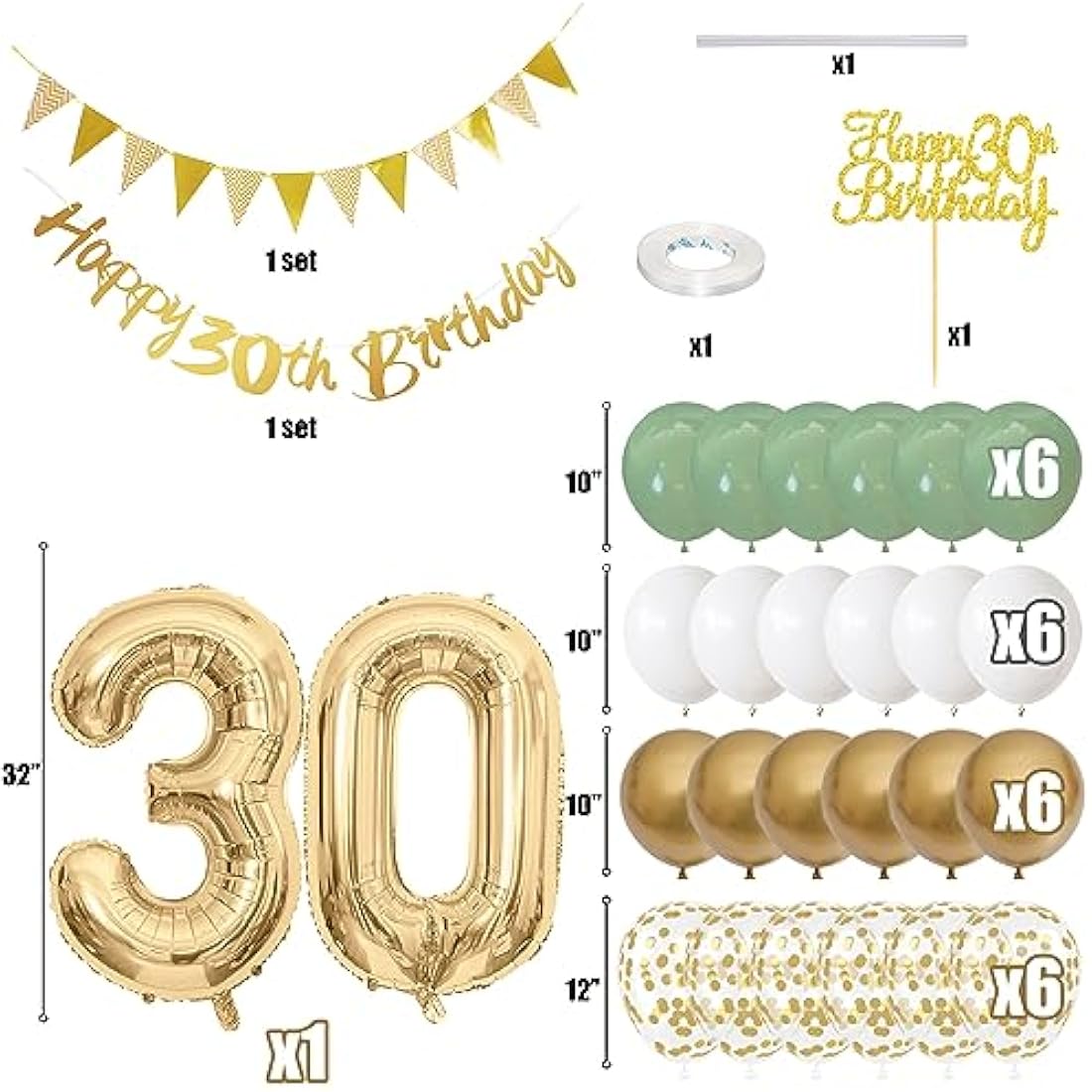 30th Birthday Decorations for Women Men, Happy Banner With Cake Topper Number 30 Foil Balloon, Sage Green White Gold Balloons for 30 Year Old Party Decoration