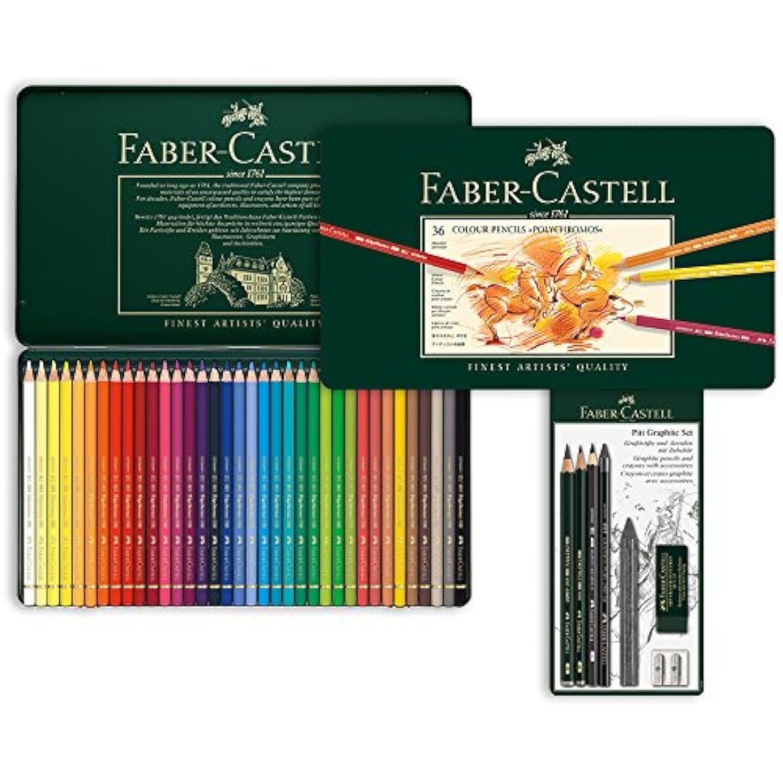 Faber-Castell Polychromos 110095 Colouring Pencils in Metal Case and Pitt Graphite Set of 36