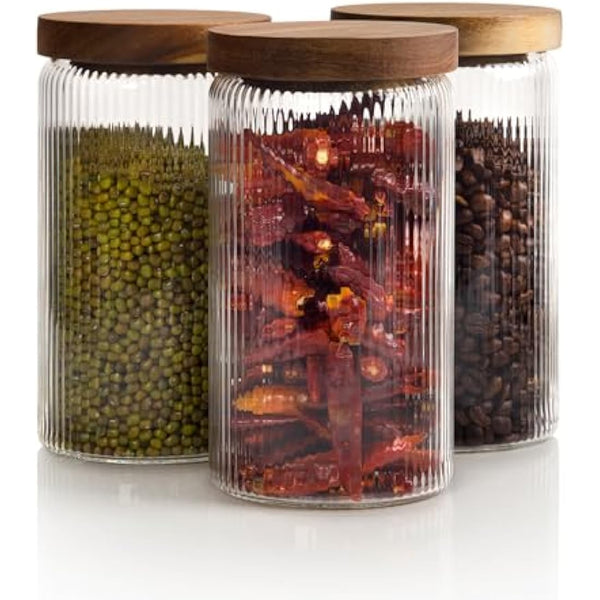 Mason & Fable Ribbed Glass Jar with Wooden Lid 800ml-Set of 3| Airtight Fluted Storage Canister for Food, Pasta, Coffee, Dog Treats, Snacks | Container for Home & Kitchen