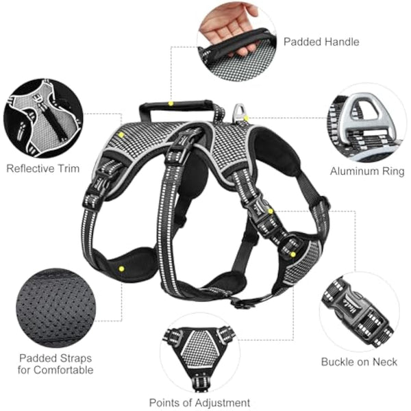 HEELE Dog Harness, Escape Proof Dog Harness, Release on Neck, No Pull Reflective Adjustable Vest with Durable Handle, Dog Harness for Outdoor Training Walking, Harness for Large/Active Dogs, Black, L