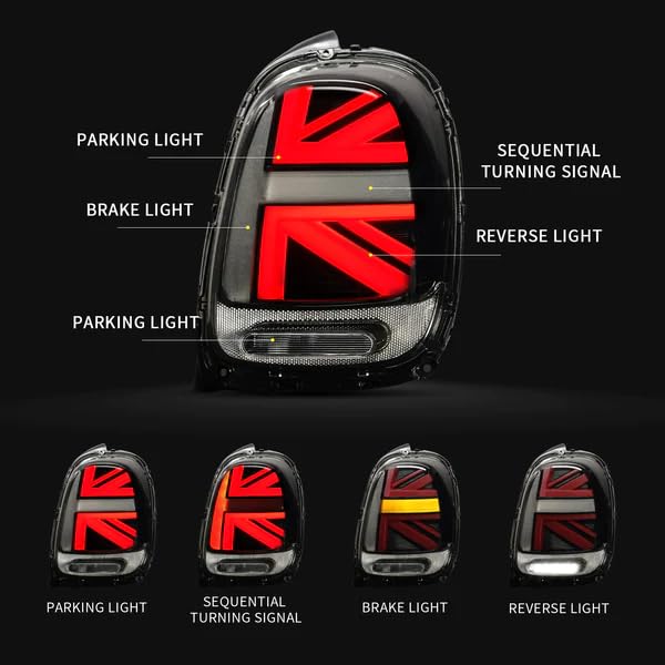 Archaic Union Jack Rear Lights for Mini Cooper One F55 F56 F57 2014-2021, with Sequential Turn Signal Light, Plug&Play, Pair