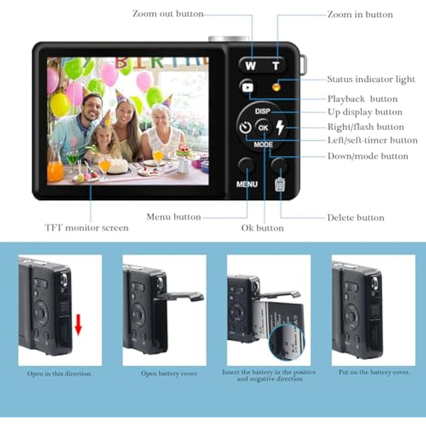 Digital Camera for Photography with FHD 1080P 18X Digital Zoom, 30MP Kids Rechargeable Point and Shoot Cameras,Built-in Microphone,Small Camera for Kids/Adult/Elderly/Beginners(Blue)