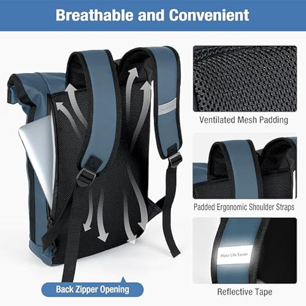 Lekeinchi 17-Inch Waterproof Laptop Backpack for Men and Women - Roll Top Design for School, Travel, Business, Work, and Camping(Blue)