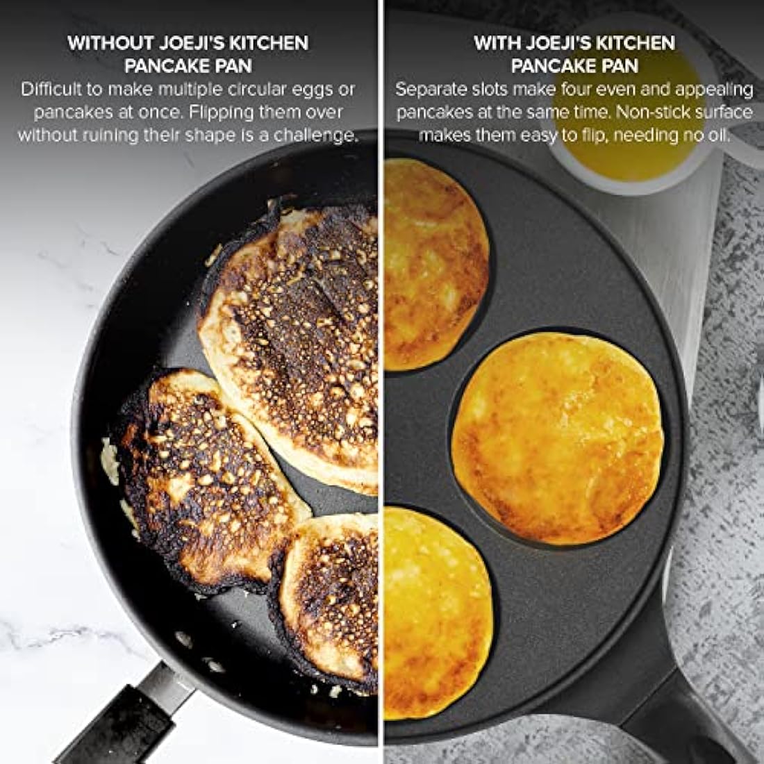 Joejis 4 Hole Pancake Pan 26cm - Non Stick and Induction Suitable - Mini Egg Crepe Tadka Pan - Lightweight Cast Aluminium - Pancake Frying Pan - Black
