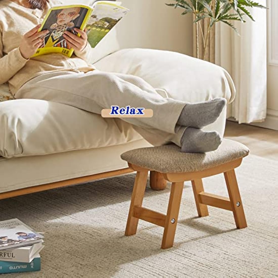 Aibiju Wooden Footstool, Foot Stool Ottoman Pouffe Padded Chair Stool with Removable Cover 4 Beech Legs Suitable for Bedroom, Living Room and Kitchen, (Natural leg + Beige cushion), YDEU-1358