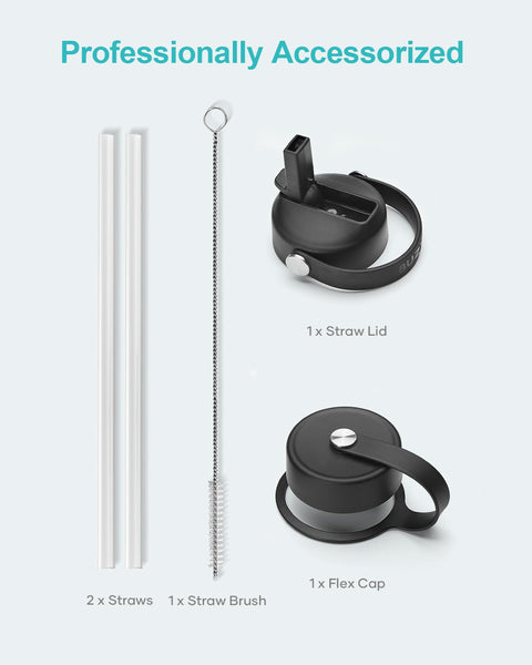 Stainless Steel Water Bottle 2L, BUZIO Vacuum Insulated Water Bottle with Straw Lid and Flex Cap Cold for 48 Hrs, Hot for 24 Hrs Double Wall Wide Mouth BPA Free Leak Proof, Black