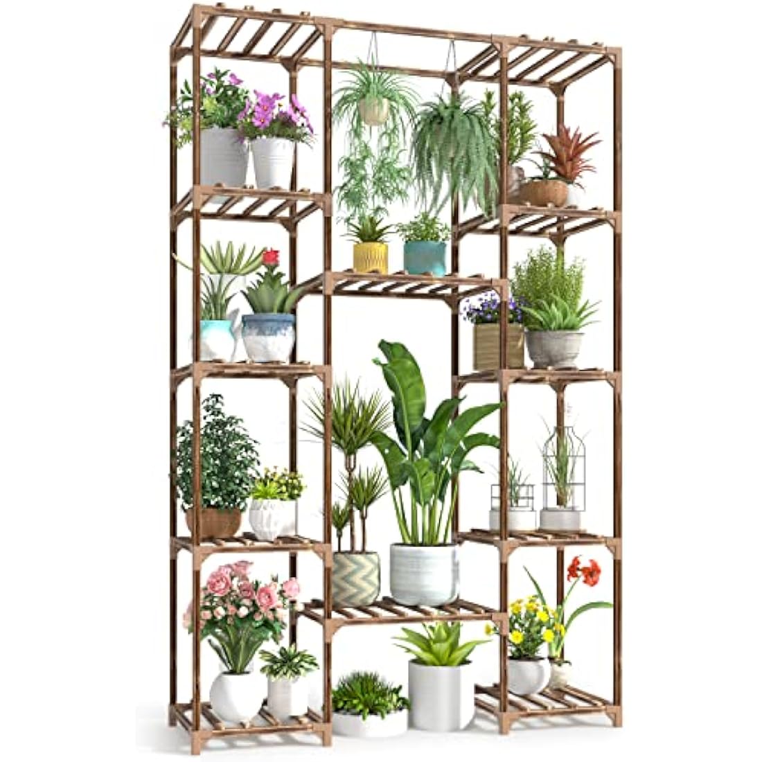 cfmour Wood Plant Stand Indoor Outdoor, 62.2" Tall Flower Shelf Tiered Plant Stands for Multiple Plants Large Planter Holder Hanging Shelves Rack for Living Room Garden Balcony